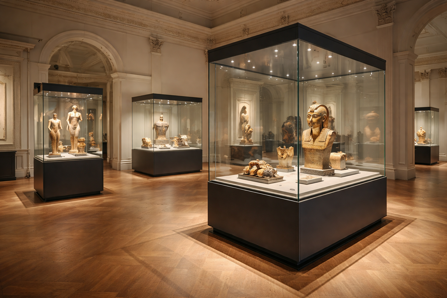 Frameless UV bonded glass museum display cabinets showcasing historical artefacts in a gallery exhibition space.