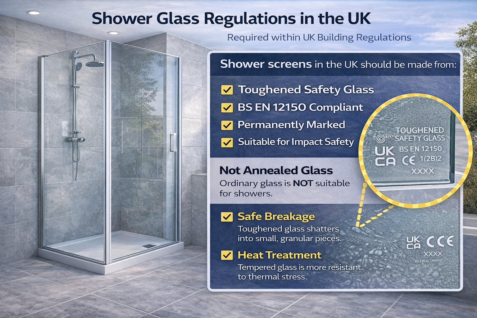 Infographic explaining UK shower screen glass requirements showing toughened safety glass manufactured to BS EN 12150 and impact safety principles under Approved Document K.