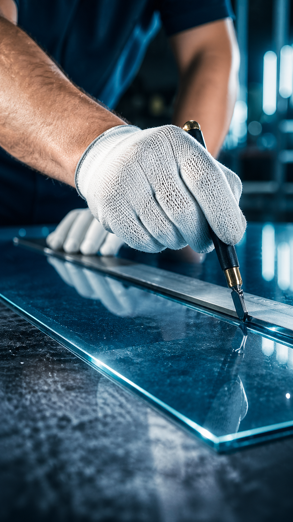 Hamilton Glass Products specialist scoring blue-tinted glass against a straight edge during in-house while-you-wait glass cutting in Tolworth, Surrey.