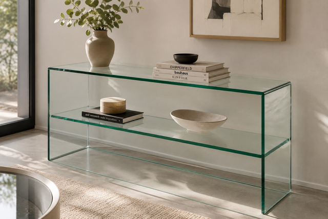Custom UV bonded clear glass console table with polished edges and seamless bonded joints, handcrafted for luxury residential and commercial interiors in Surrey.