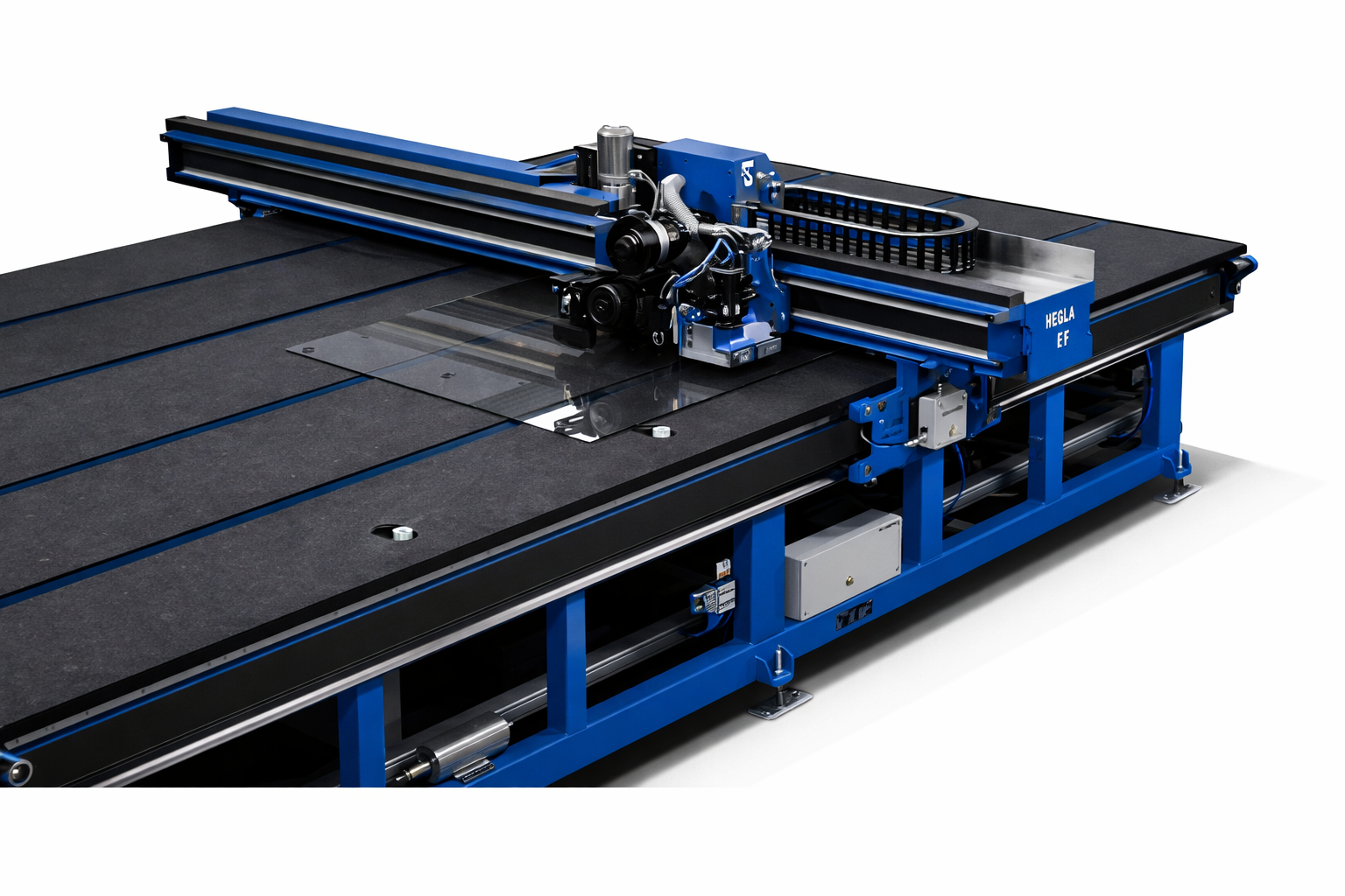 CNC glass cutting table in the Hamilton Glass workshop used for precision cut-to-size glass processing and shaping