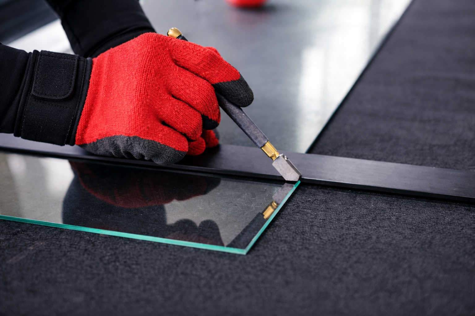 Professional glass cutting in workshop by Hamilton Glass using precision cutter on clear float glass with safety gloves and straight edge guide