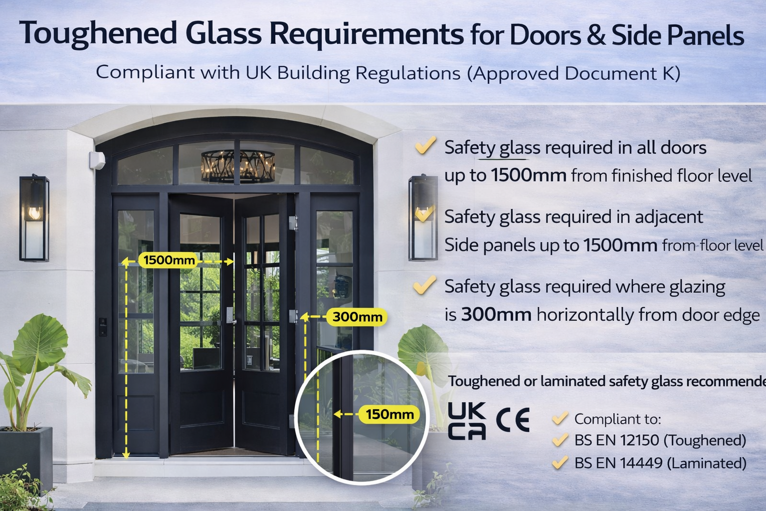 Infographic explaining UK toughened glass requirements for doors and adjacent sidelights under Approved Document K showing 1500mm from finished floor level and 300mm horizontal critical location rule.
