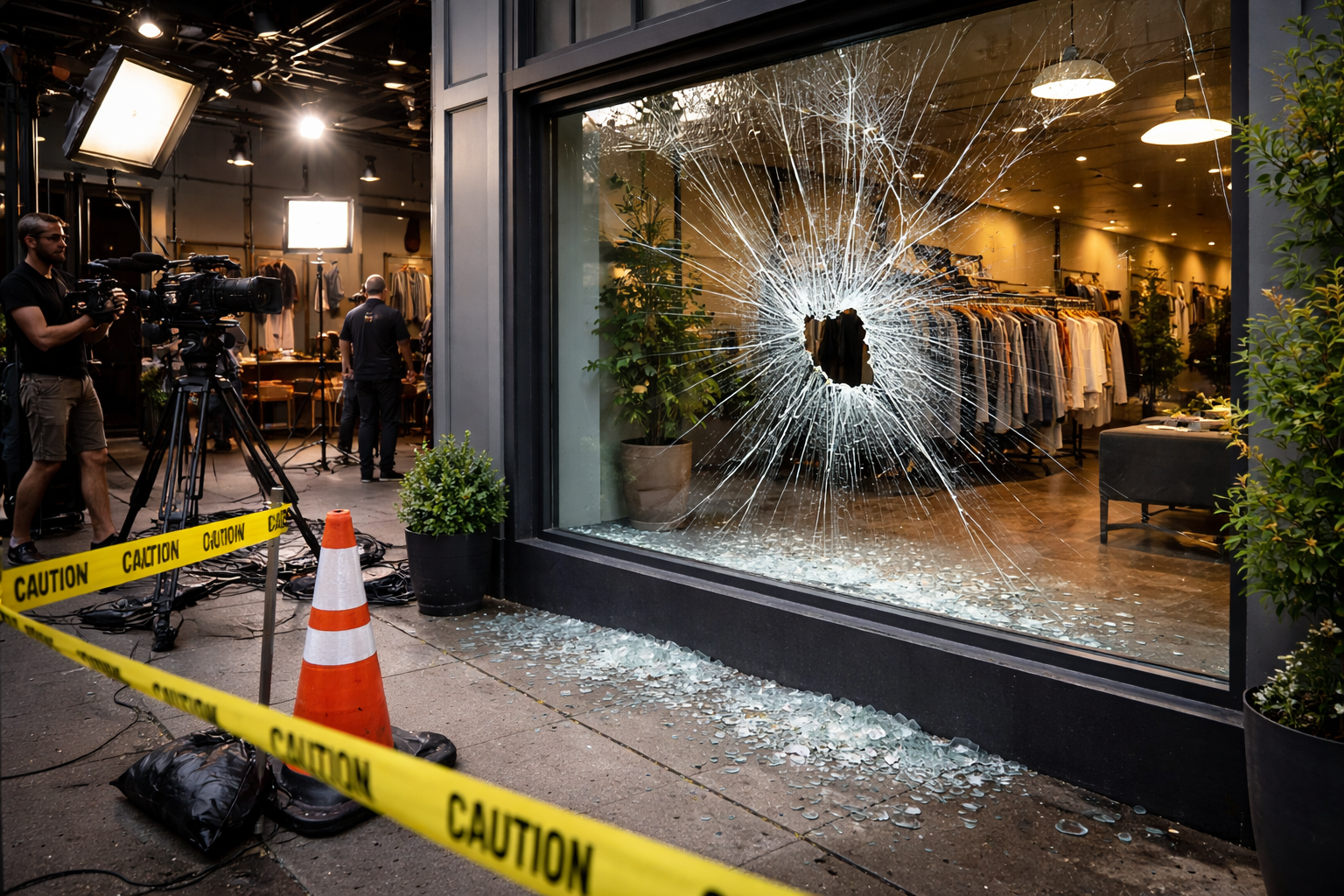 Broken shopfront window at real-world filming location with shattered glass, secured area and film crew during production