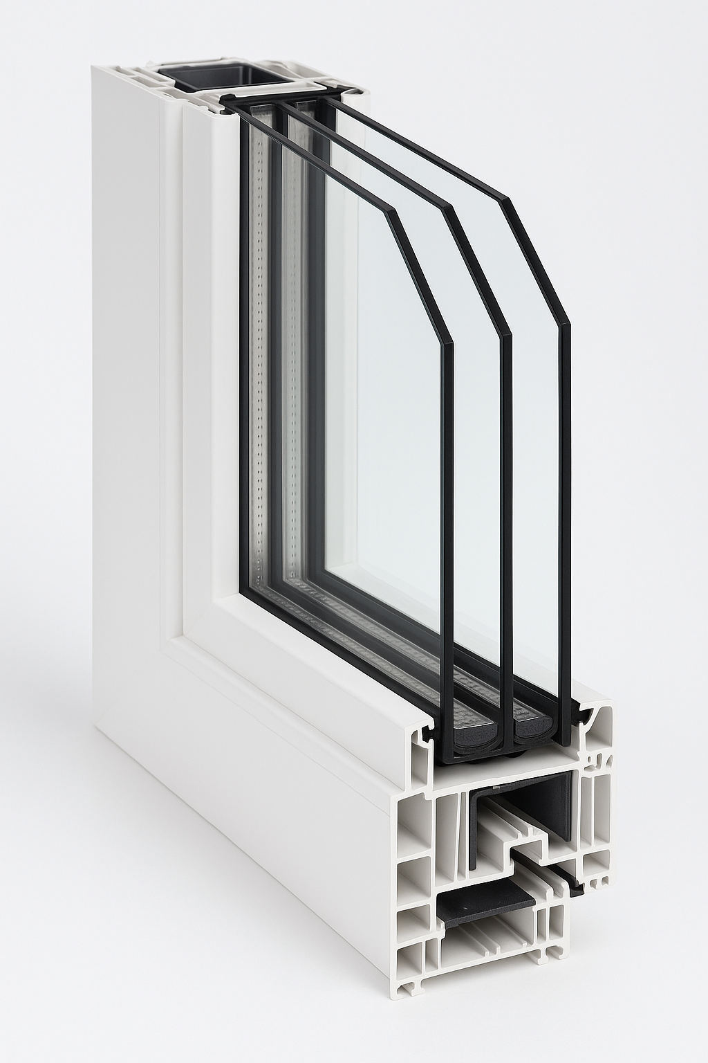 Triple glazed sealed unit with three panes of glass providing enhanced insulation, energy efficiency, and noise reduction