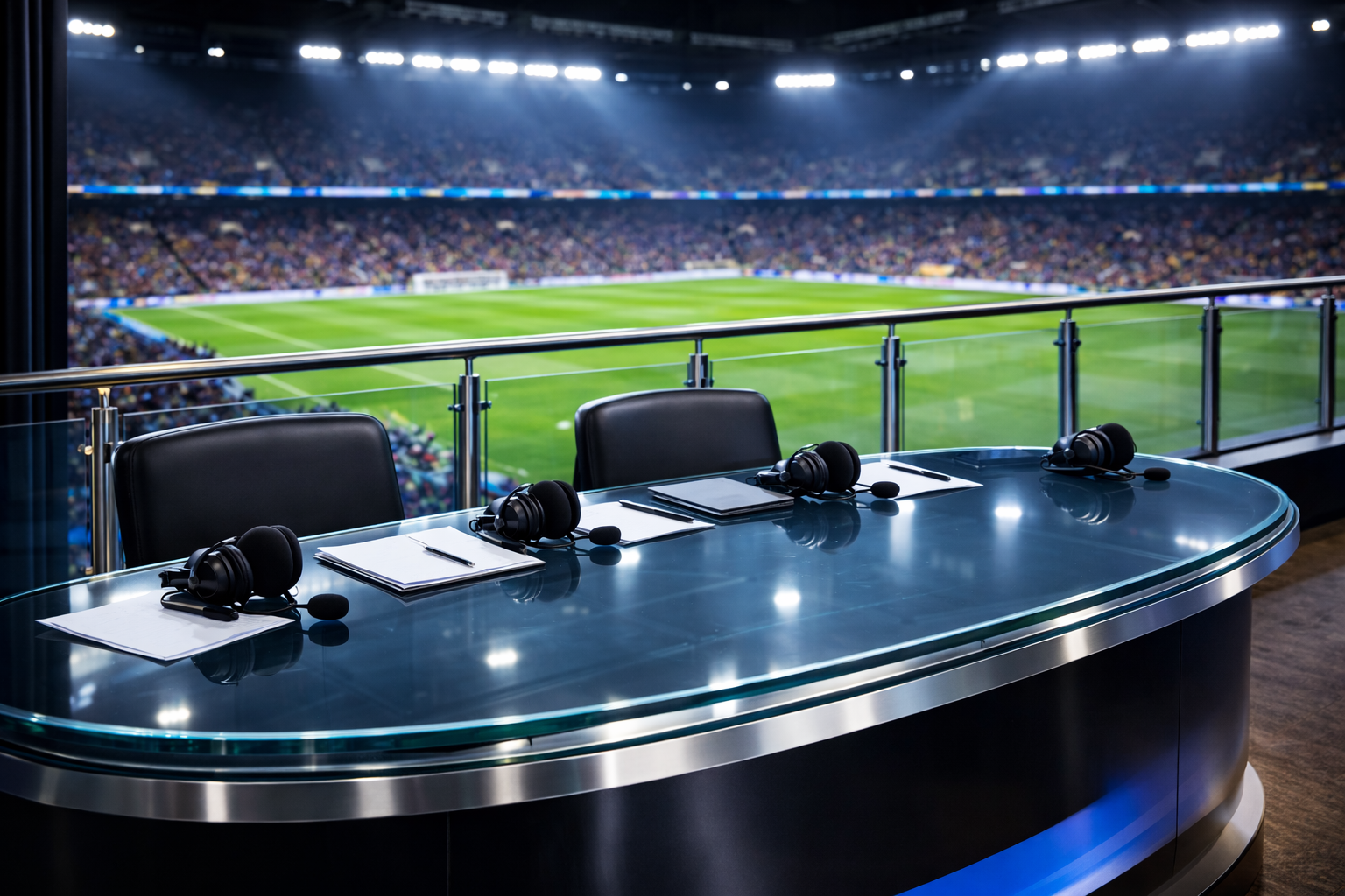 Glass commentary box desk with glass balustrade in football stadium