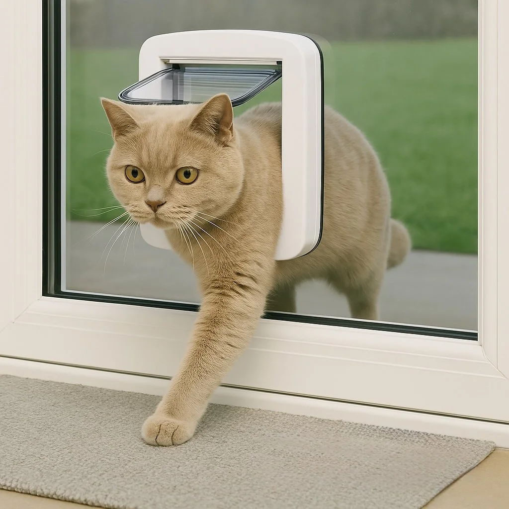 Cat flap professionally installed into a double-glazed glass unit with precision circular cut-out