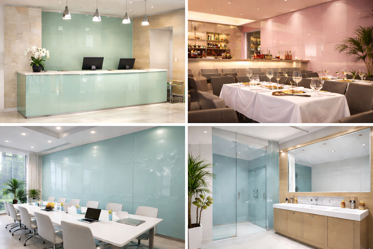 Commercial grade back painted glass panels suitable for hotels restaurants offices and high traffic business interiors showing durable toughened glass quality