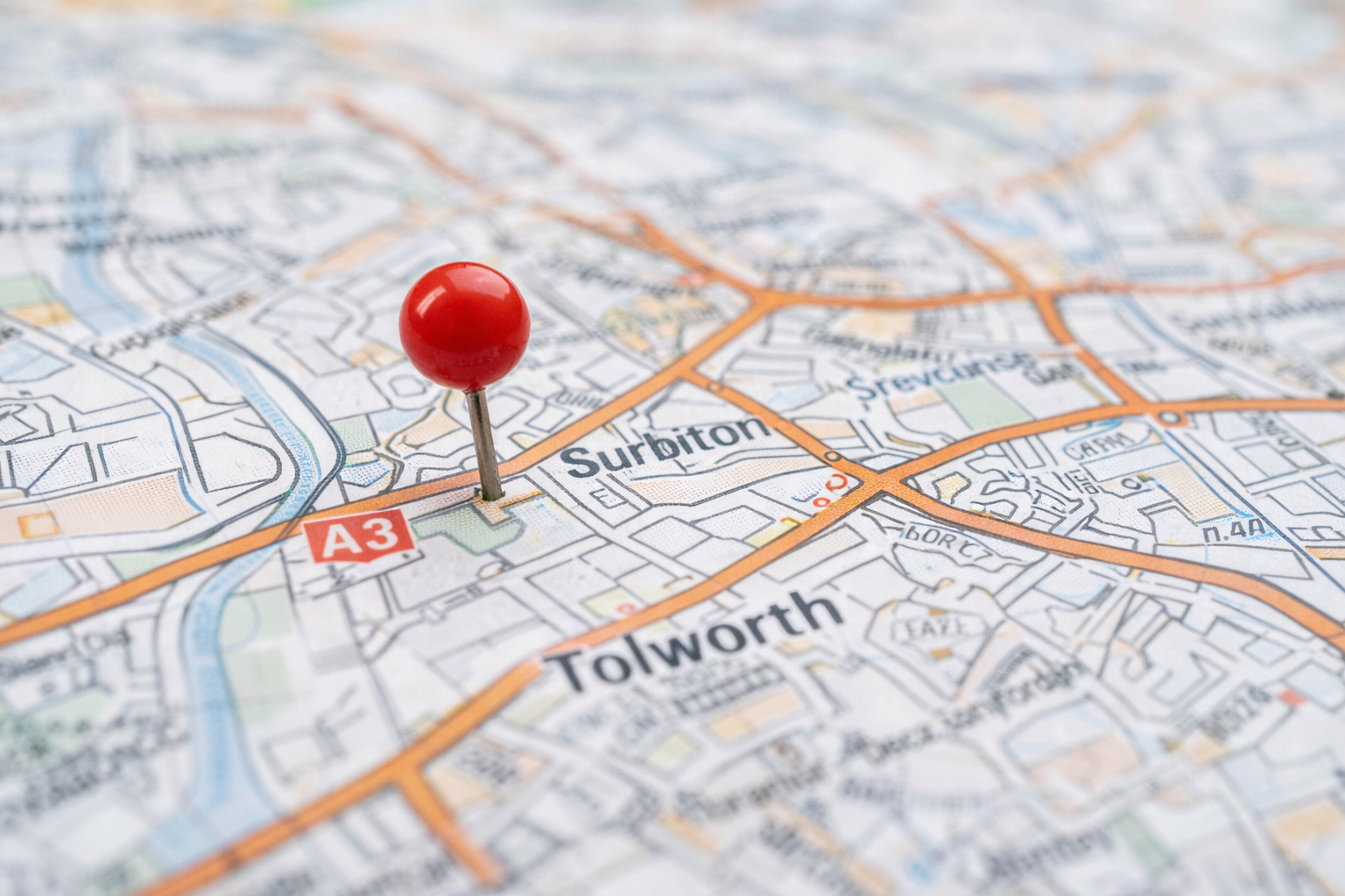 Map with location pin highlighting local glass and glazing service coverage across Surrey Tolworth Surbiton and South West London