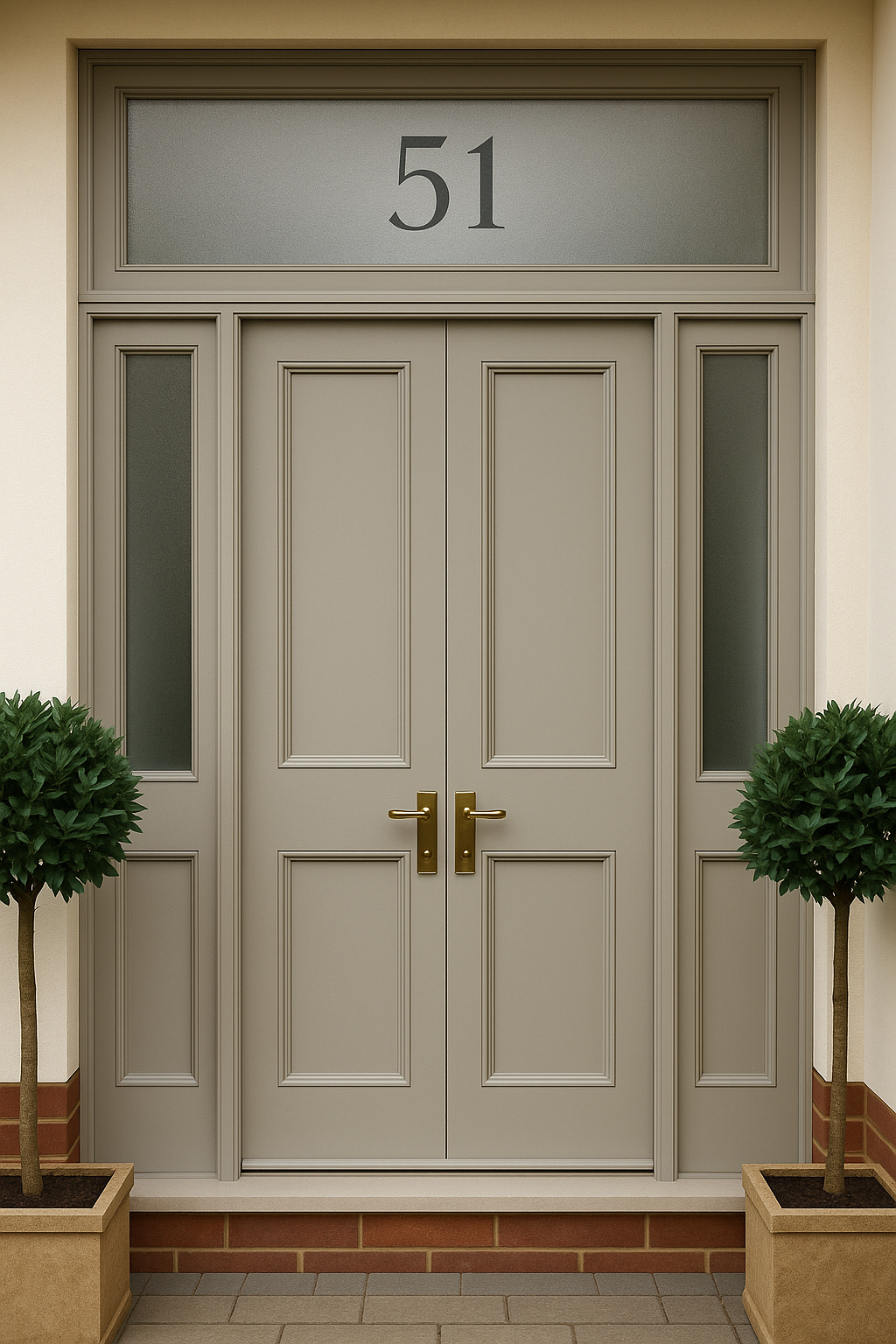 Front view of a double door entrance with gray color and four panels on each door, brass handles, and a frosted glass transom window above with the number 51. Two potted green shrubs are on either side of the door.