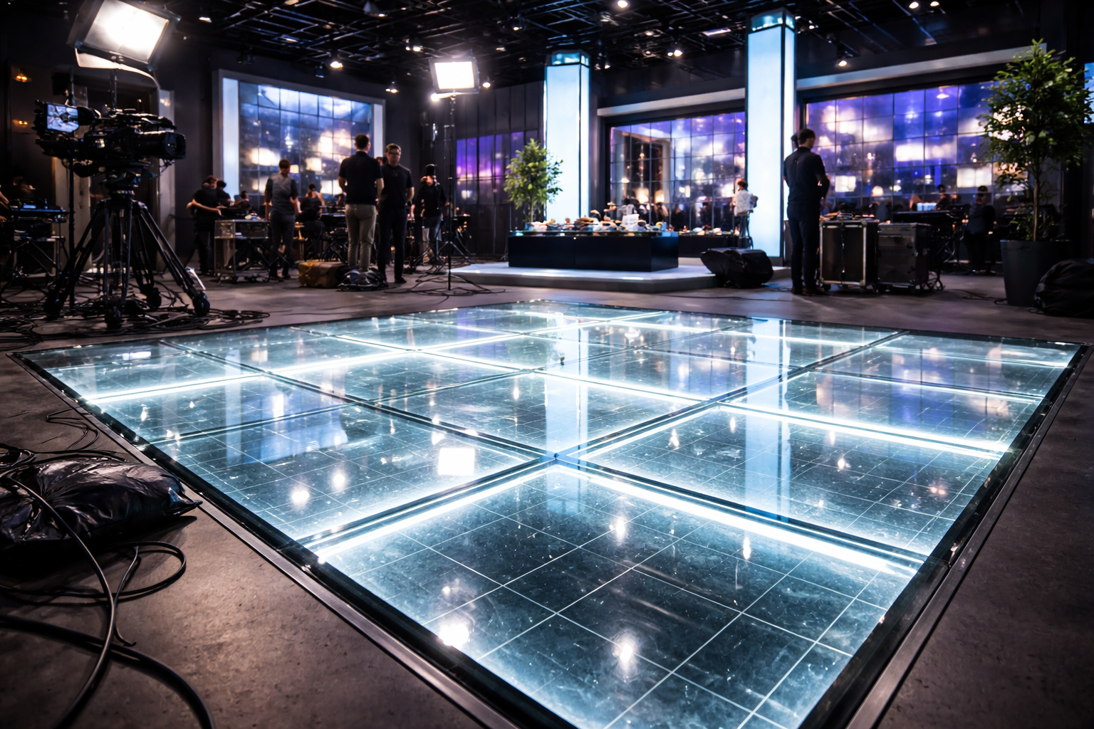 Structural glass flooring installed on film and TV set with studio lighting and production equipment