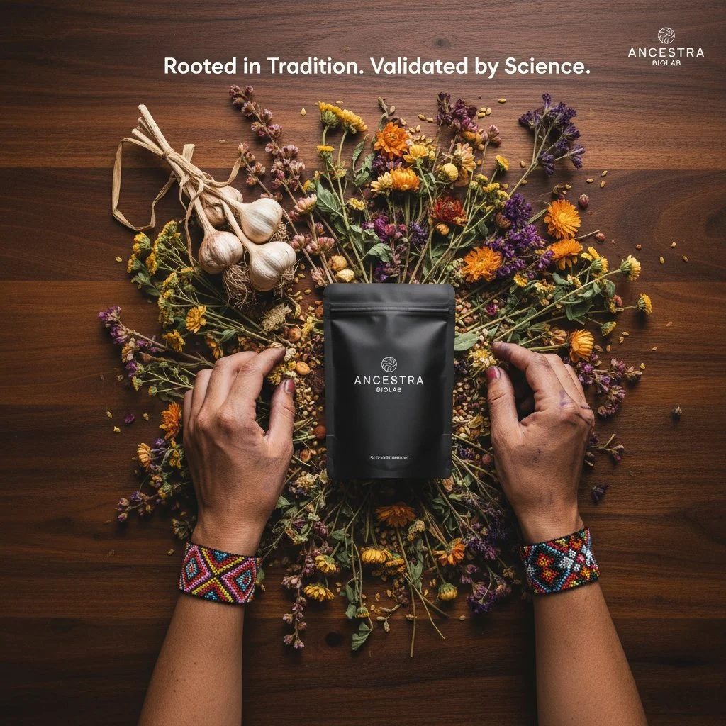 Centuries-old healing. Modern science. One mission.

What if the wisdom of Sardinian curanderas and Amazonian healers could be preserved, tested, and shared for your well-being? At Ancestra Biolab, every formula is born from real cultural partnership