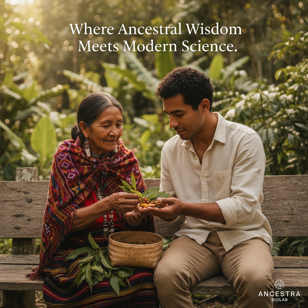 Ancient knowledge, shared across generations. What if your wellness routine honored centuries of tradition? Real wisdom is passed, not invented. 

At Ancestra Biolab, we partner with elders and healers worldwide to respectfully validate time-honored 