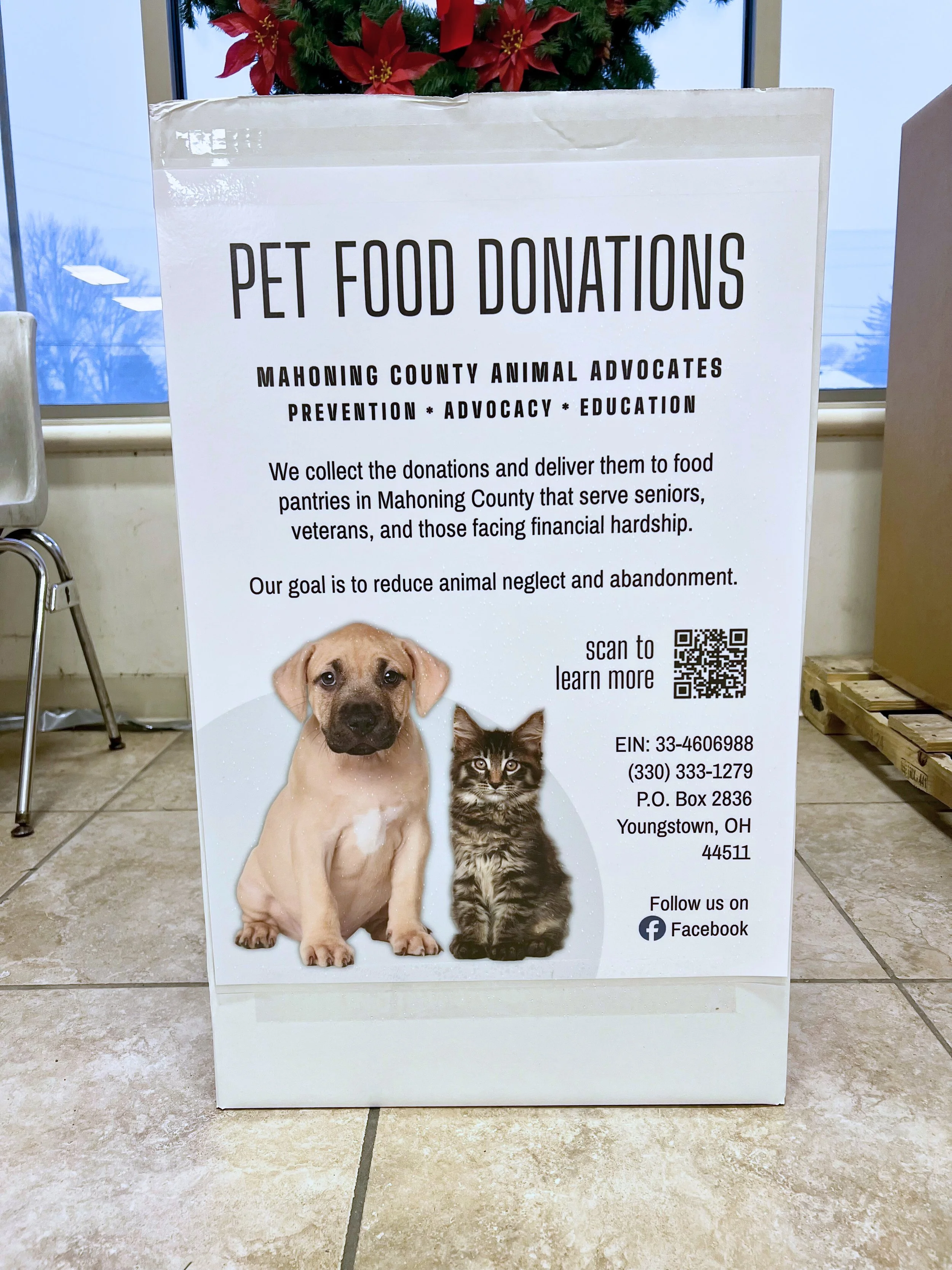We accept pet food and supplies at our donation boxes.