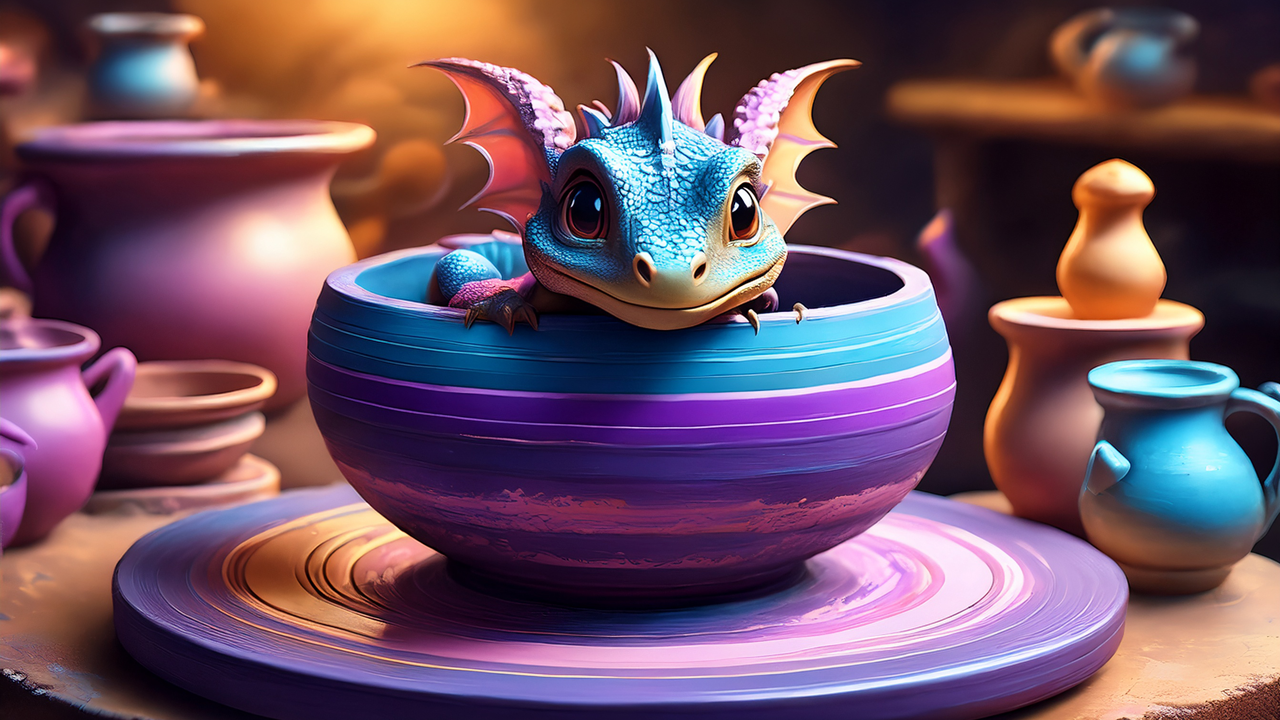 A cute blue and purple dragon with large eyes sitting in a purple bowl surrounded by pottery in a colorful pottery studio.