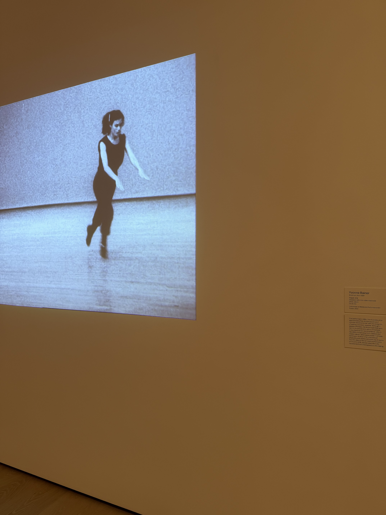 Projected video installation of dancer Yvonne Rainer’s Trio A inside the Museum of Modern Art (MoMA) in New York City, showcasing experimental performance art and contemporary multimedia exhibits during a reflective museum visit