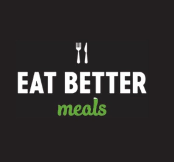 Logo with a fork and knife above the text "EAT BETTER" in bold white letters and "meals" in green cursive, on a black background.