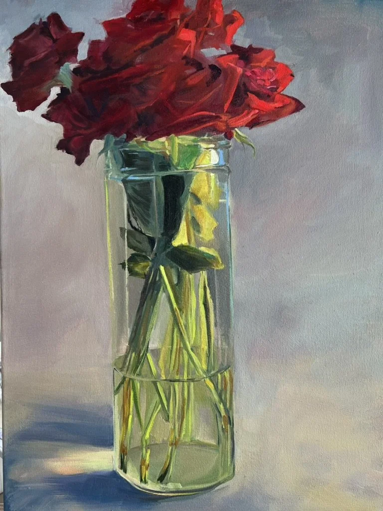 Red Roses in a Tall Glass, Oil on Canvas, 22"x30", SOLD