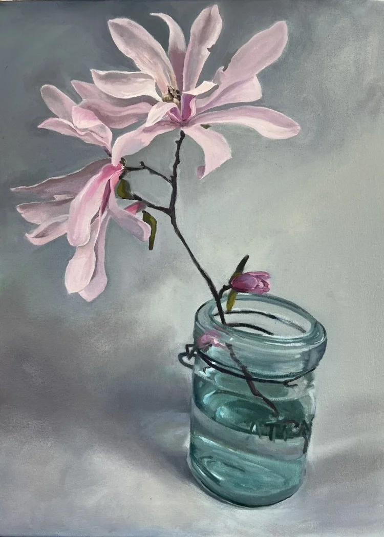 Magnolia in Bell Jar, Oil on Canvas, 18"x24", $800.