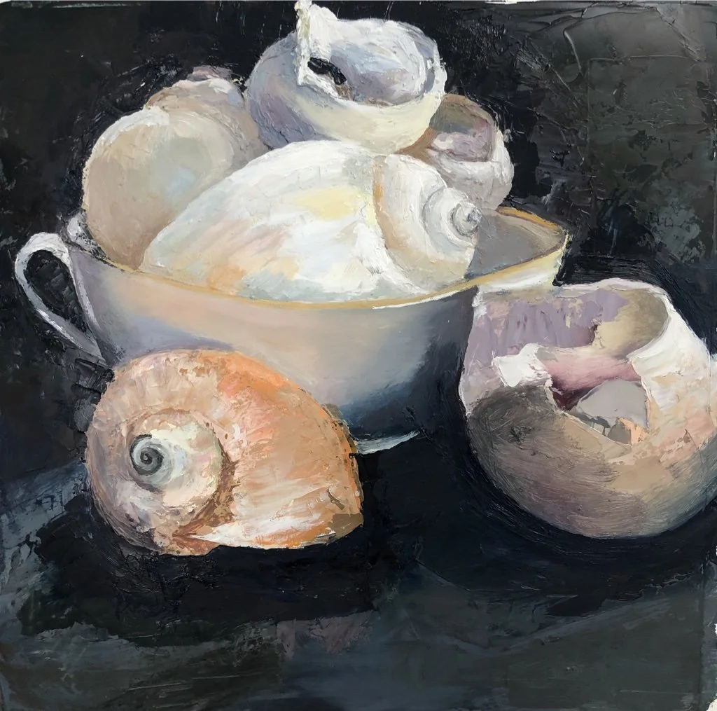 Teacup with Moonsnails, Oil on Yupo Paper, 24"x24", $800.
