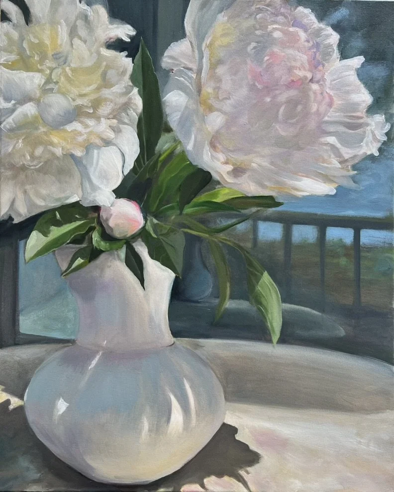 Pink Peonies on the Balcony, Oil on Canvas , 25"x36", $2,000.
