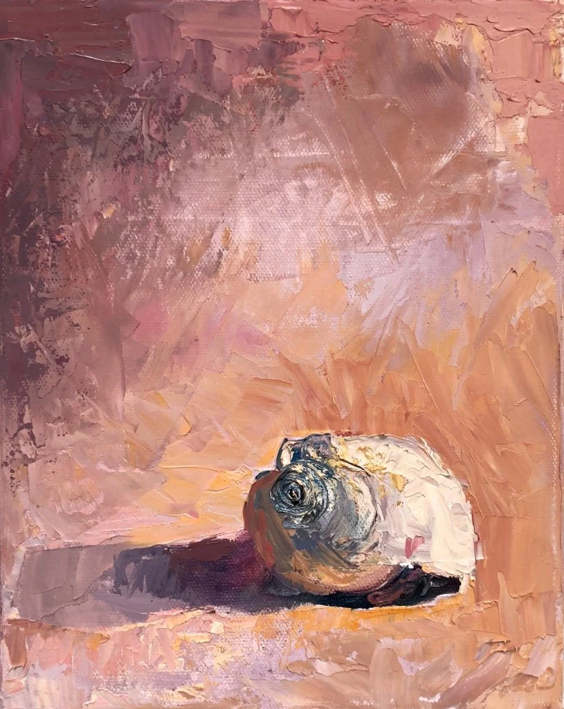 Abstract Shell on Pink, Oil on Canvas, 8"x12", $400.
