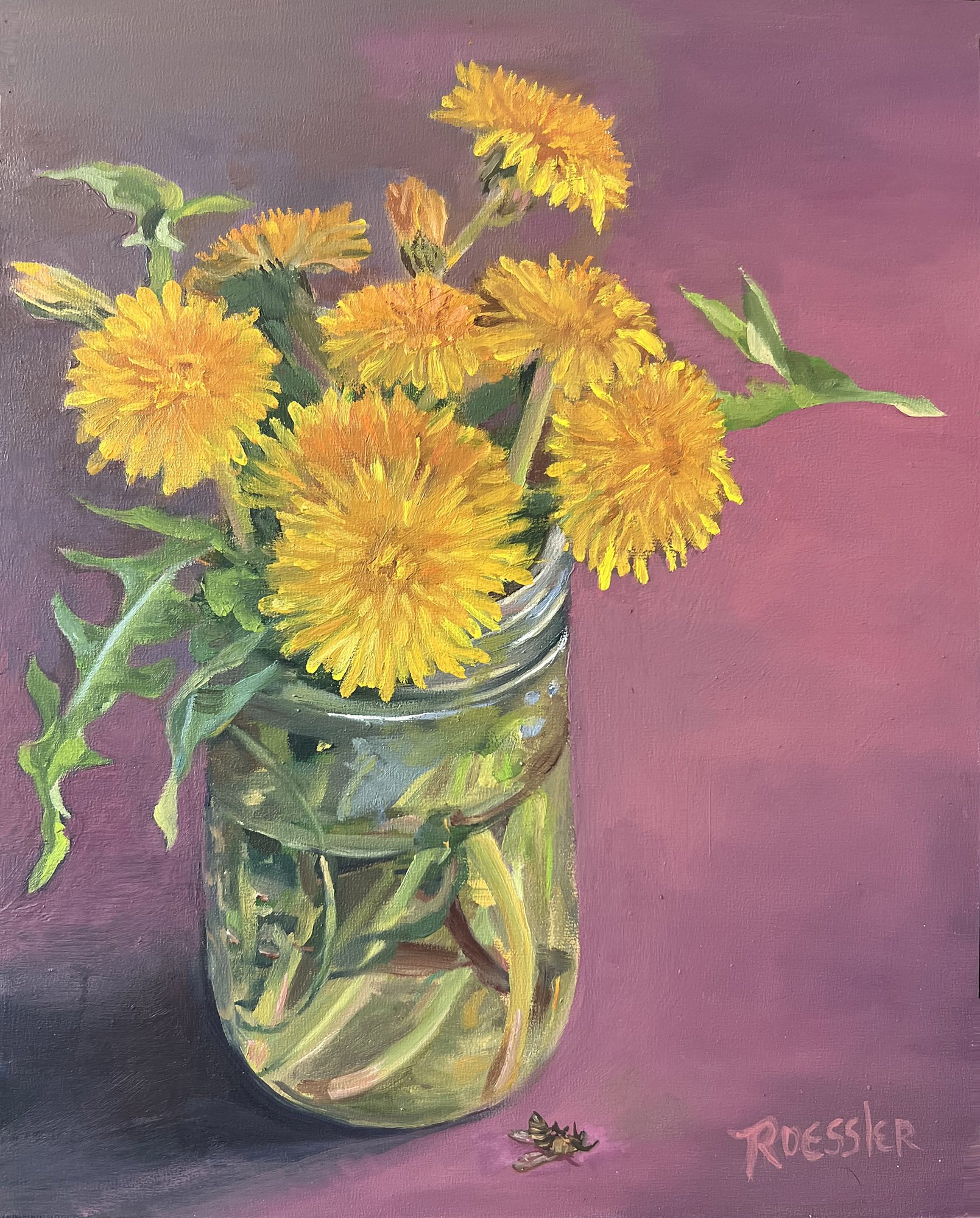 Dandelions with Bees, Oil on Panel 8"x10", $600.