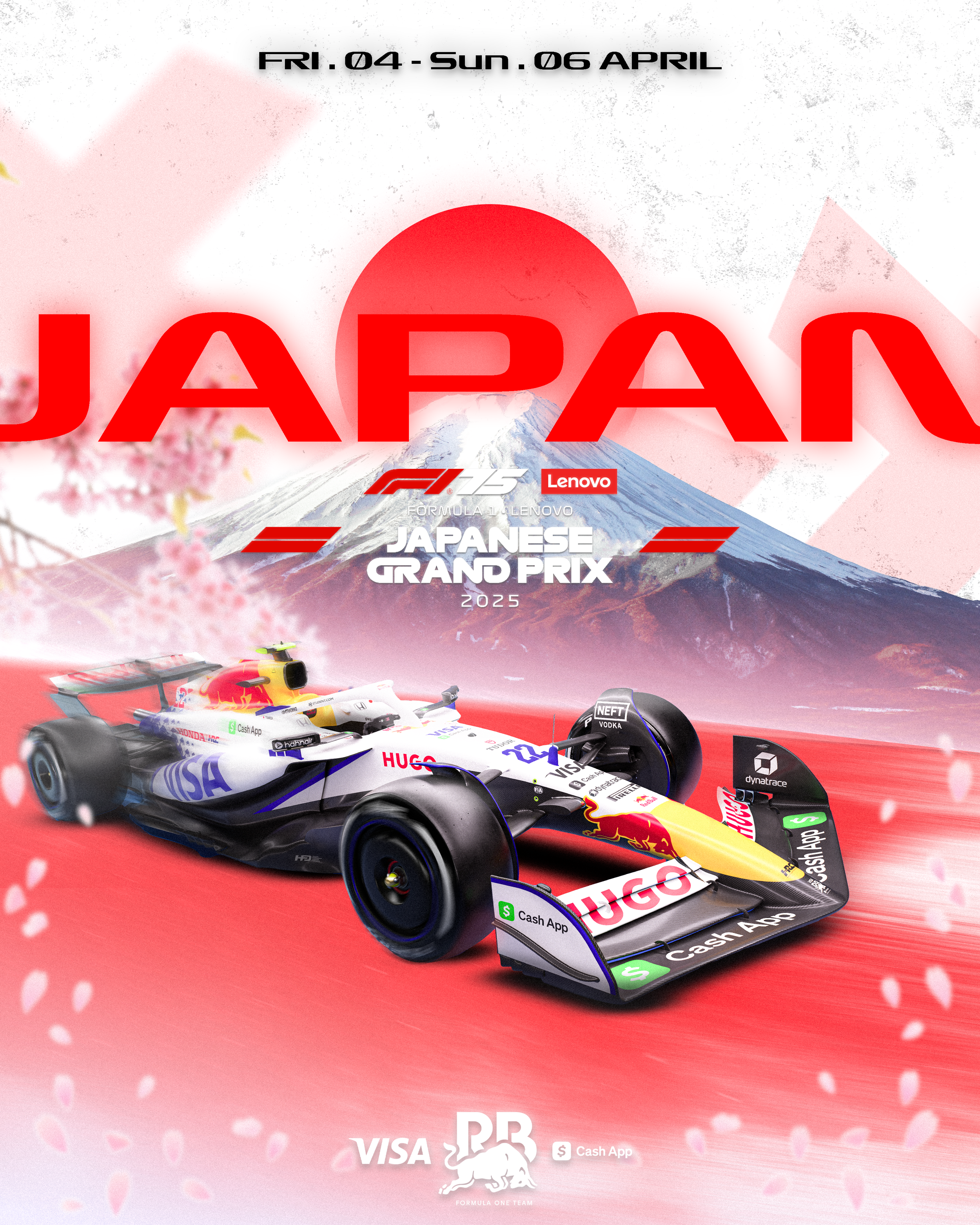 Promotional poster for the 2025 Japanese Grand Prix with a Formula 1 car racing in front of Mount Fuji, cherry blossoms, and a red sun in the background. The event is scheduled for April 4-6, with logos of VISA, RB, and Cash App at the bottom.