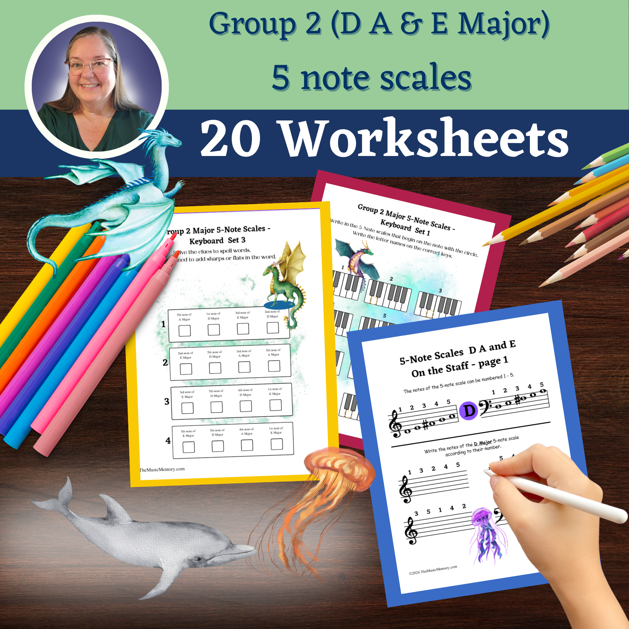 D A & E Major: 5-Note Scales on the Keyboard and Staff - Printable Worksheets