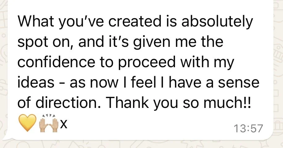 Screenshot of a text message conversation about feeling confident and having a sense of direction, with a yellow heart and praying hands emoji.