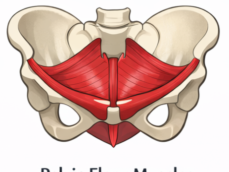 An anatomical illustration of the pelvic bone with highlighted red muscles in the pelvic region.