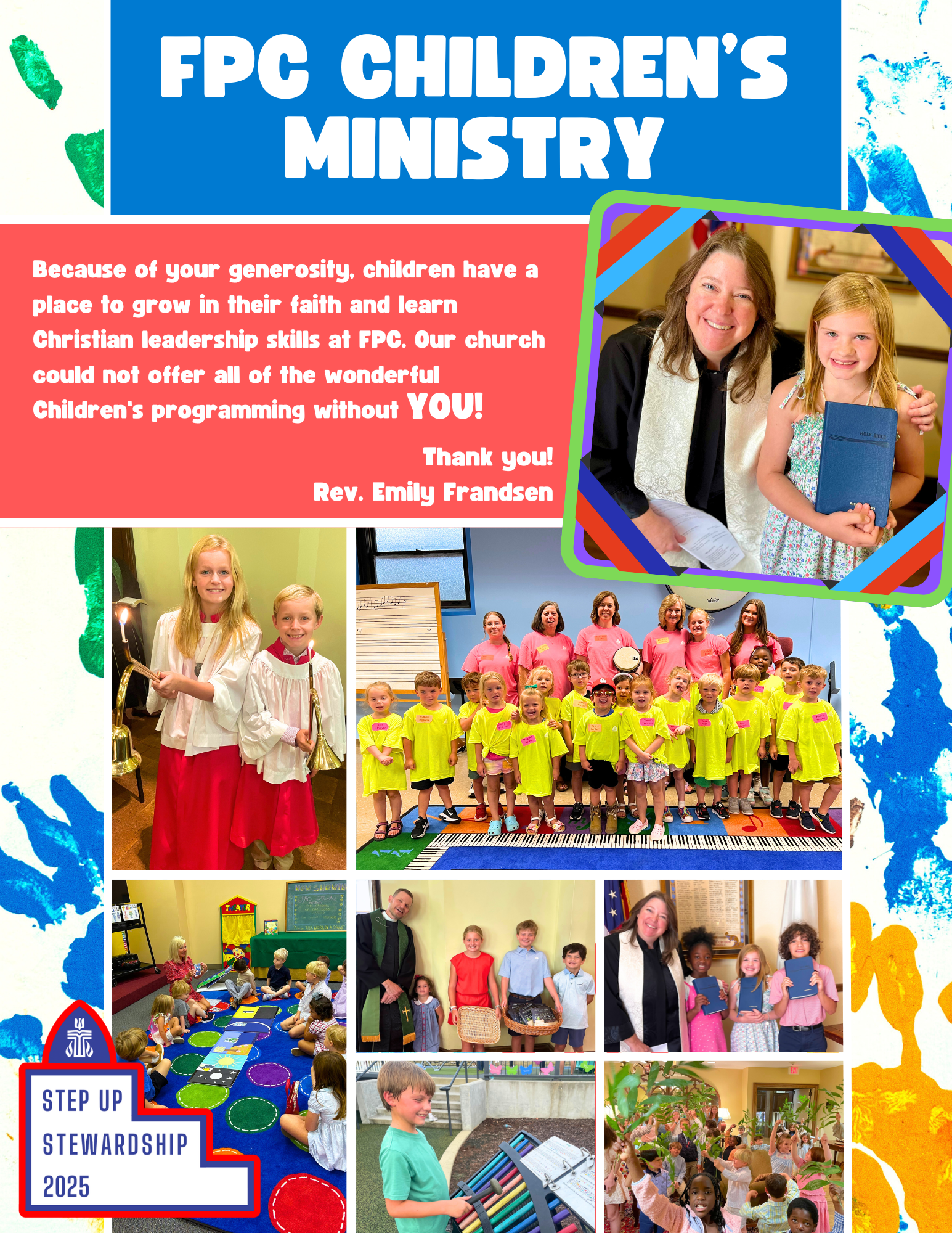 Information poster featuring collage of church children and pastor thanking donors to fundraising campaign.