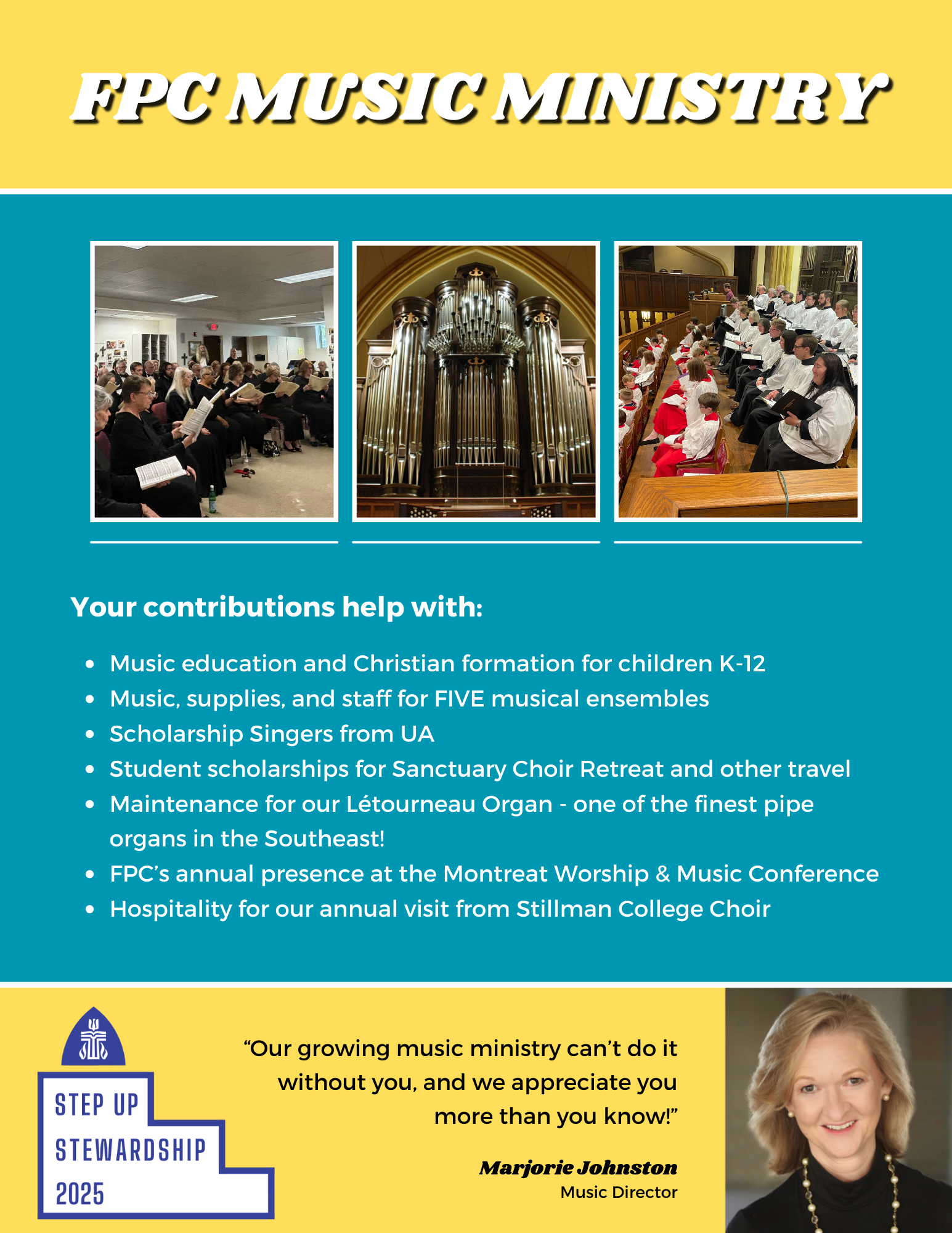 Informational poster connecting funding to music ministry success.