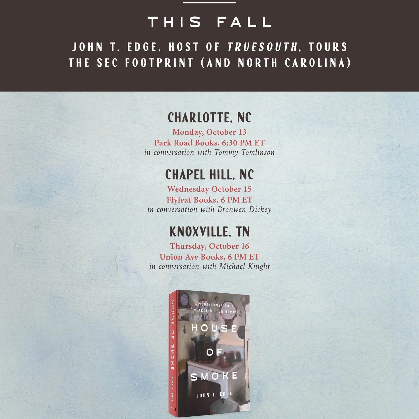 Charlotte-&gt; Chapel Hill -&gt; Knoxville plus a weekend @sofestofbooks Burning up the blacktop in support of House of Smoke. Come out! Come talk beautiful and complicated families! And beautiful and complicated Souths.