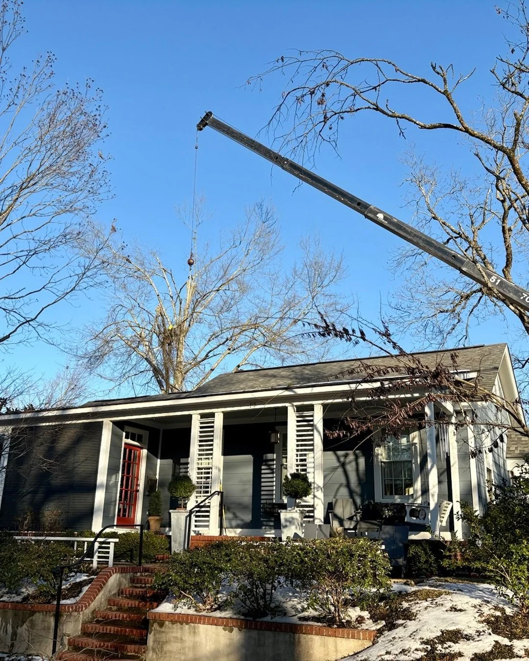 Moved too slow to capture the moment when there were two cranes suspended over our house. Lost two chinaberry trees and some big ol pecan tree limbs. Thanks @woodlandtreeservice So many of our friends and neighbors have had it much harder. So many st