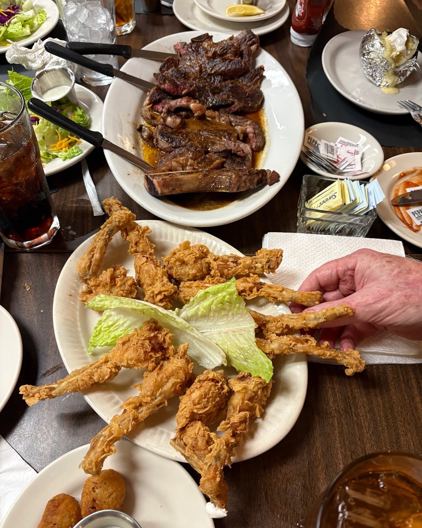 Steak and frog legs for the win here in Hazen, Arkansas. Not pictured - pretty damn perfect catfish. Creamy homemade tartar sauce. Lacy onion rings. Happy people. All for @truesouthtv Thank you, Becky and Stanley.