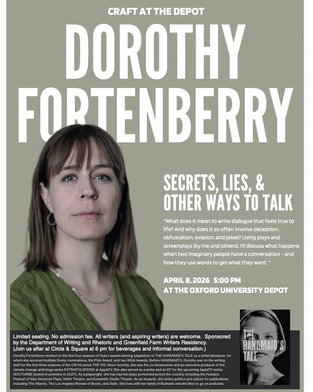 Oxford and @olemiss join us! Today, April 8 at 5pm at the Depot. Come talk the craft of writing with a veteran tv writer, best known for The Handmaid&rsquo;s Tale! Free and open to all. And then at 6pm, join us next door @circleandsquarebrewing for a