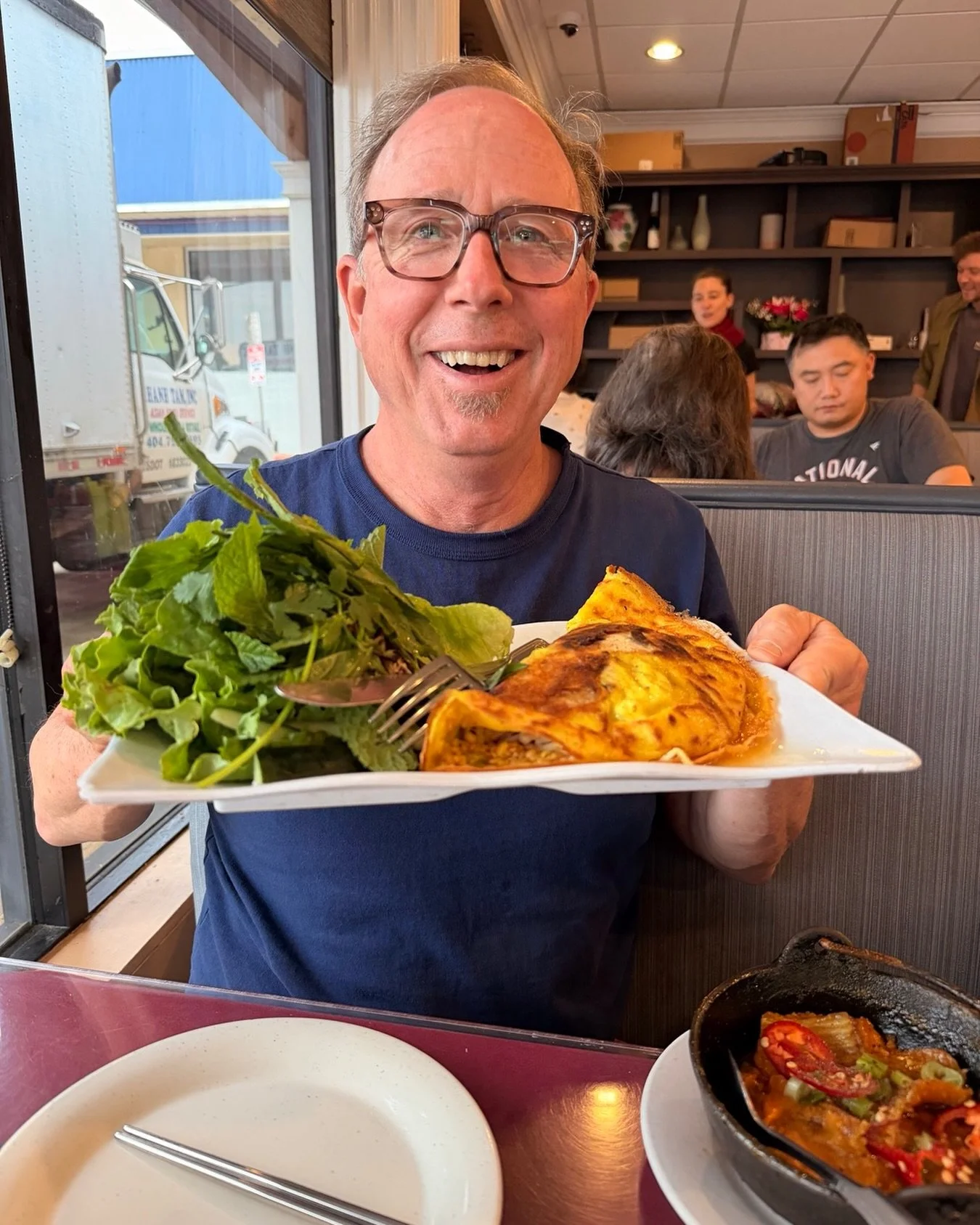 Crew @truesouthtv dinner with @stevedinger and Matt Furuta. Banh xeo, my fave Vietnamese dish and the reason for my goofy smile. Not seen here, really good caramel catfish. You would have loved it @hobbsblair All on Buford Highway, coming soon to @se