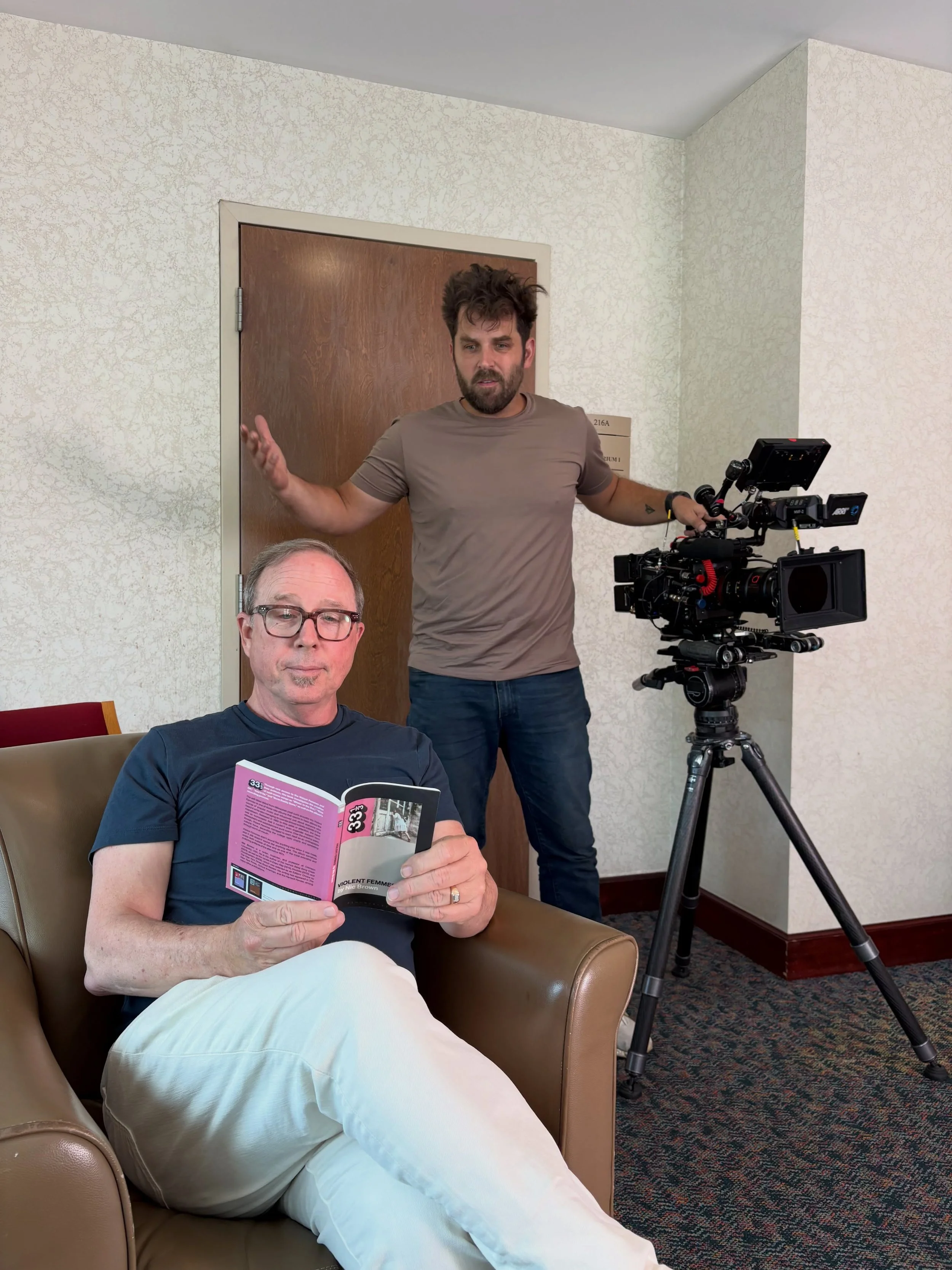 Life on @truesouthtv set. Trying to read the new @nic___brown book about the mighty mighty @officialviolentfemmes while @thomohawk heckles. Next week, come hear me ask geeky VM questions and Nic say smart things on May 19 @proudlarrys