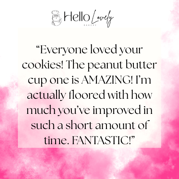 Testimonial for Hello Lovely Bakery with pink background.