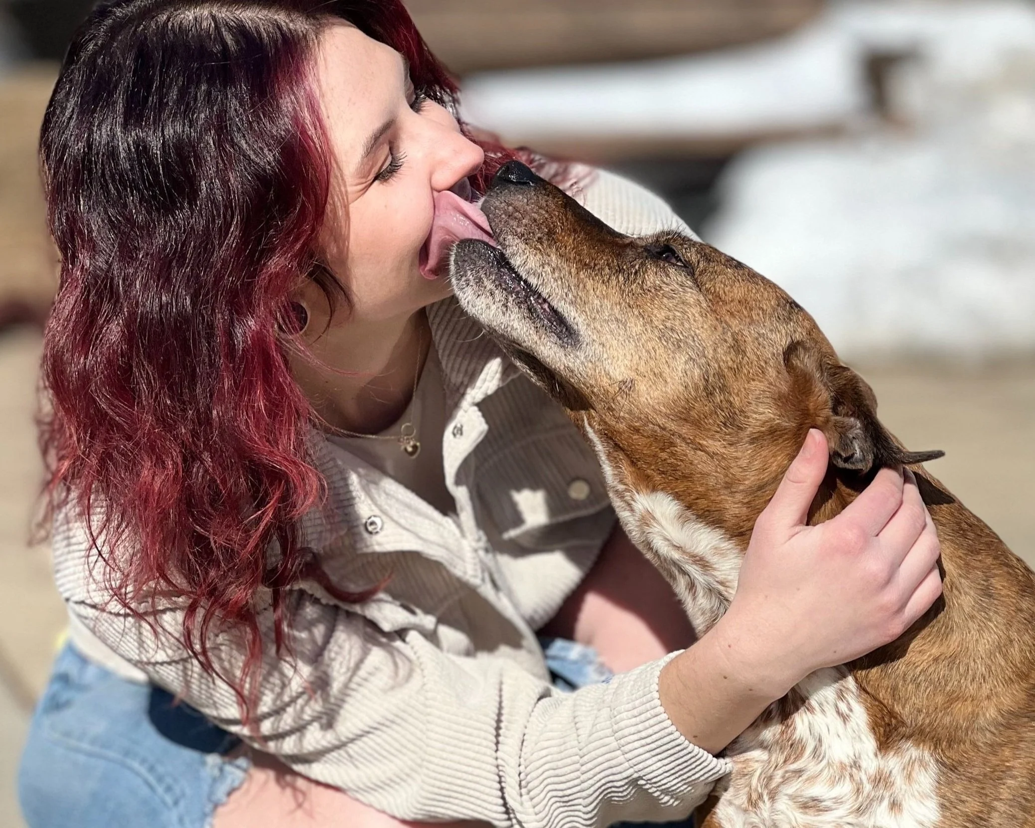 Woman with red hair kneeling and hugging a brown dog with white markings, smiling as the dog licks her face.
