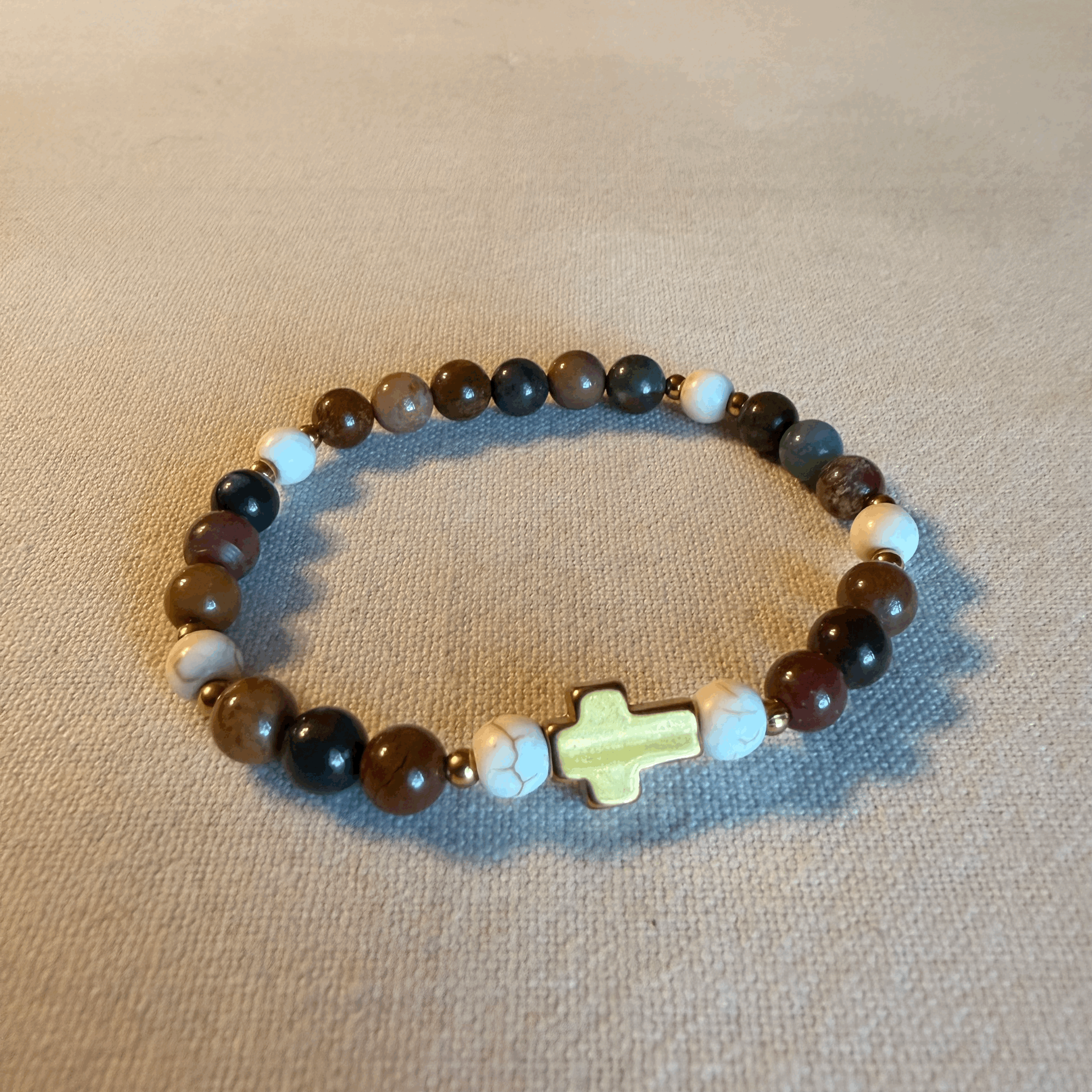 Natural Stone Bracelet – American Picture Jasper, White Howlite & Cross