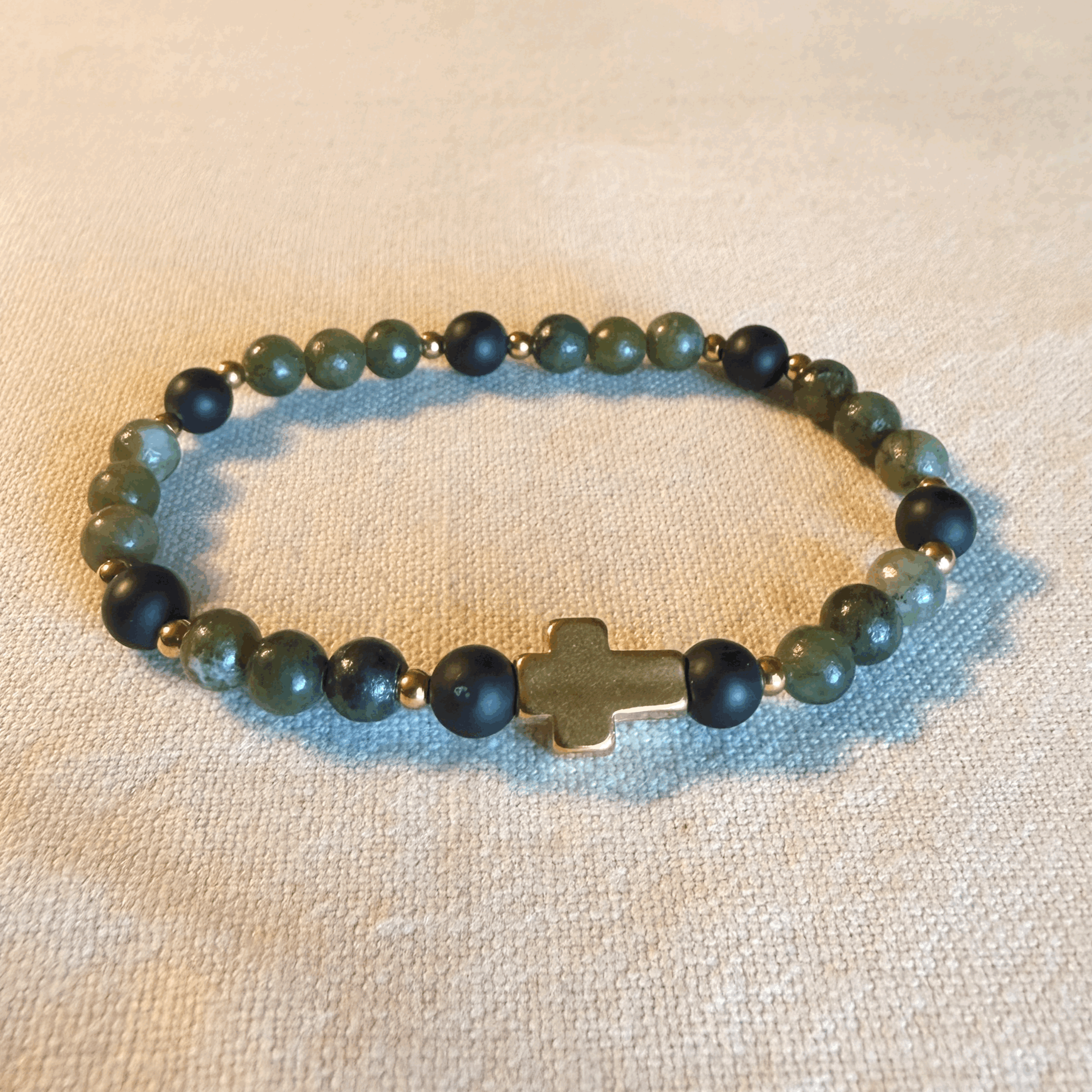 Natural Stone Bracelet – Canada Jade, Black Onyx & Cross