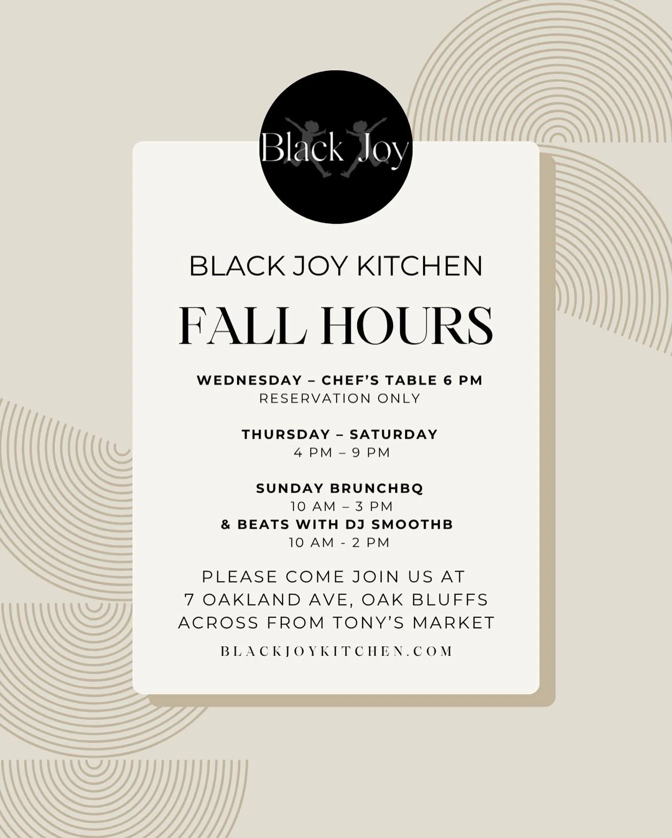 Fall into flavor at @BlackJoyKitchen 🍂✨
We&rsquo;re serving up joy all season long with new Fall Hours:

🍽 Wednesday &ndash; Chef&rsquo;s Table | 6PM | Reservation Only
🥂 Thursday&ndash;Saturday | 4&ndash;9PM
🔥 Sunday BrunchBQ | 10AM&ndash;3PM
🎶