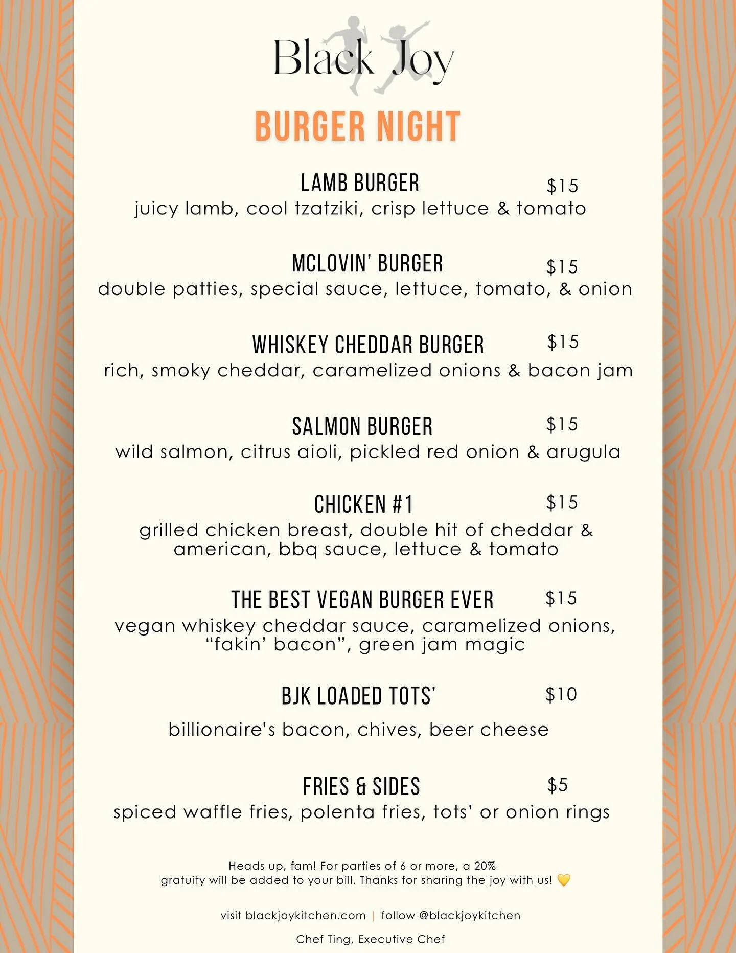 🚨🍔 PSA: Thursdays at Black Joy Kitchen are now BURGER OFFICIAL! 🙌🏾🔥

We&rsquo;re talkin&rsquo; juicy patties 🤤, crispy sides &amp; fries 🍟, &amp; big Black Joy energy all night long 💃🏾🎶 &mdash; every Thursday (except Thanksgiving 🦃, Christ