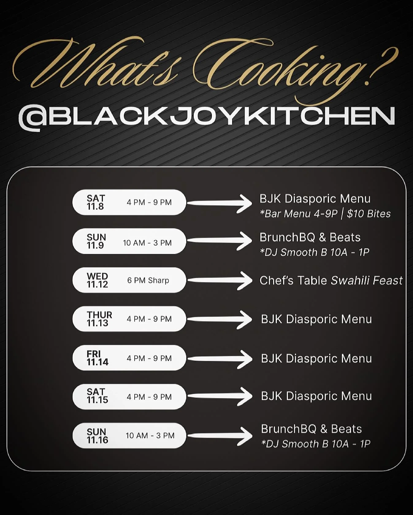 💅 Ladies &amp; Gents, may I have your attention please&hellip;

Here&rsquo;s what&rsquo;s cooking at @BlackJoyKitchen and baby&hellip; it&rsquo;s giving 🔥 Bar bites, BrunchBQ, Beats, Burgers &amp; full-on dinner dreams.

🥂 Big flavor. Bigger vibes