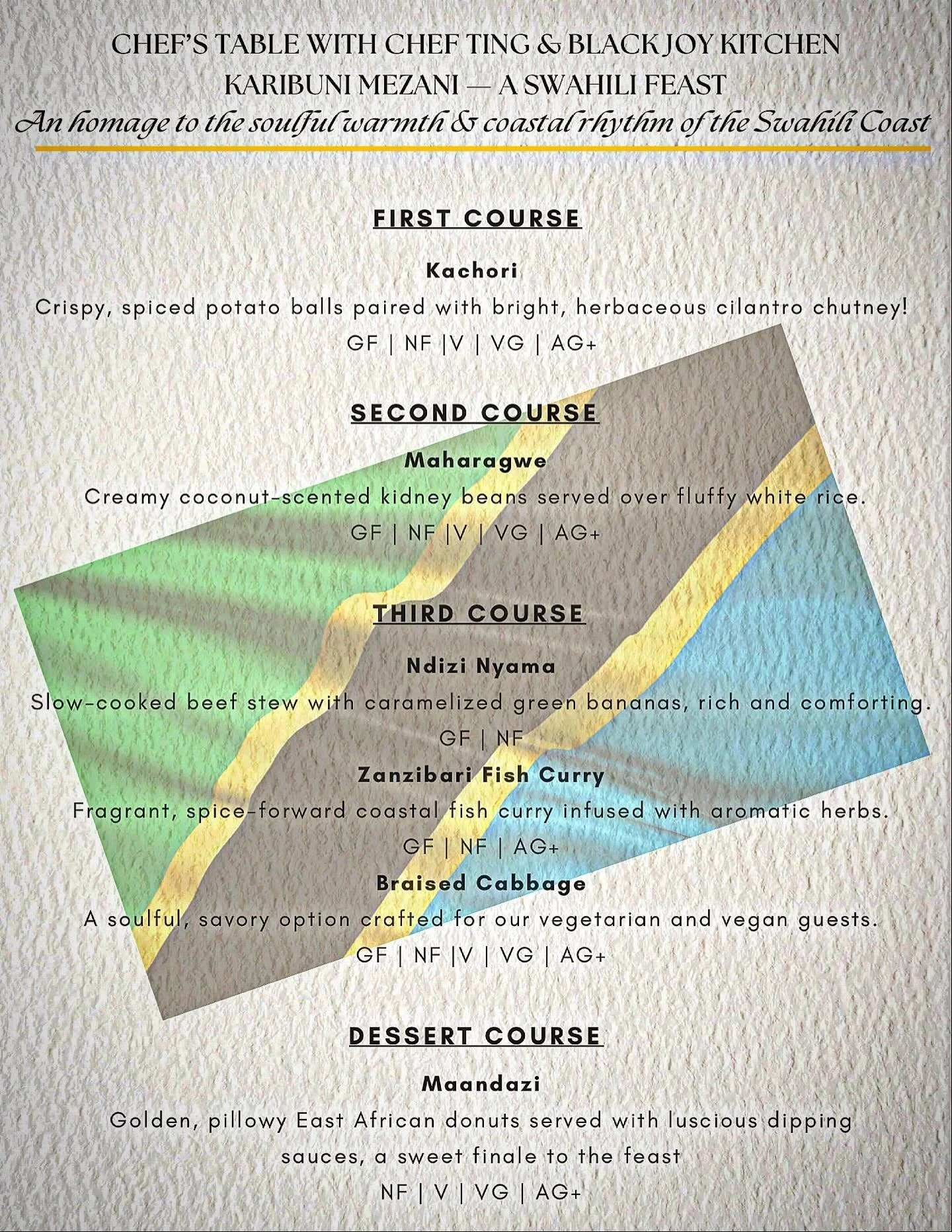 🌴✨ Karibuni Mezani &mdash; A Swahili Feast ✨🌴

This Wednesday, Chef Ting invites you to the table for a soulful coastal journey &mdash; a 4-course prix fixe dinner celebrating the warmth, spice &amp; rhythm of the Swahili Coast.

🍽️ Starting promp