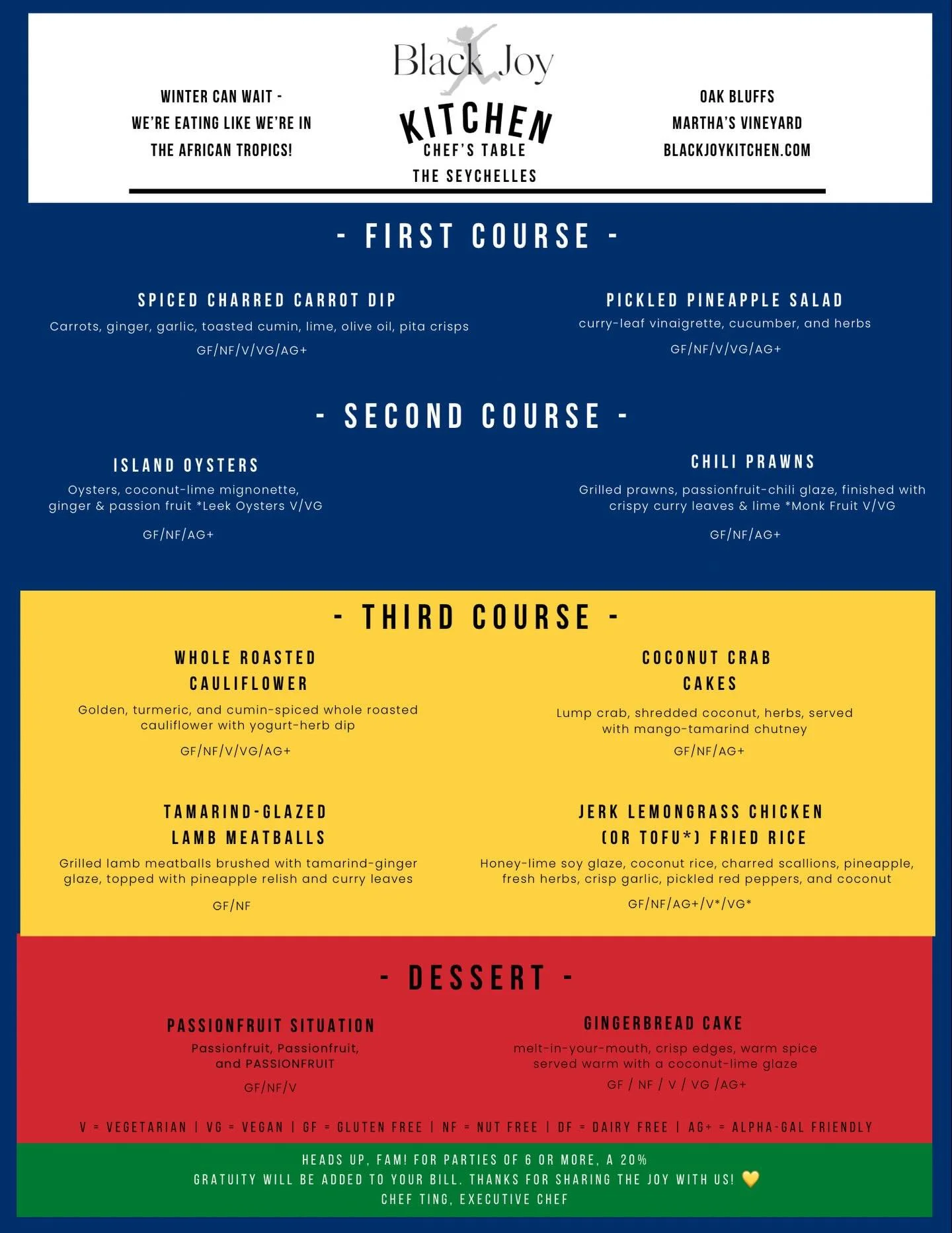 Tonight&rsquo;s menu is 🔥✨

A few seats left ⏳ &mdash; reserve now! 🍽️💨
📍 Black Joy Kitchen
🕕 6p
💵 $75 / per person

🔗 #linkinbio 🖤🥂🍾

#marthasvineyard #oakbluffs #diaspora #foodie