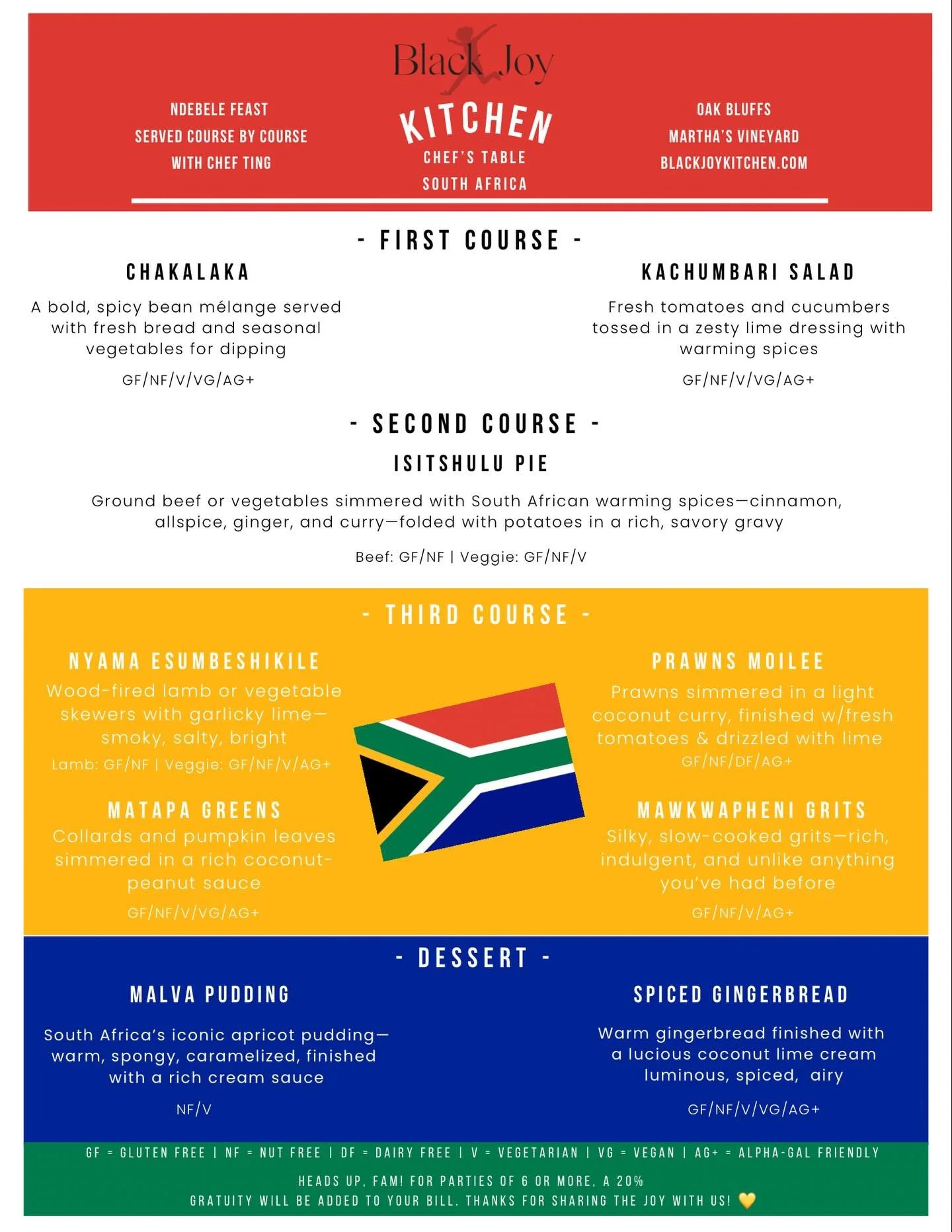 Just LOOK at this menu tho&hellip; 👀🇿🇦✨
From Chakalaka to Malva Pudding &mdash; every course is giving flavor, comfort, and culture 😮&zwj;💨🍽️

You don&rsquo;t wanna miss this&hellip; book your seat NOW 💃🏾🔥🍴

👉🏾 Reserve NOW at BlackJoyKitc