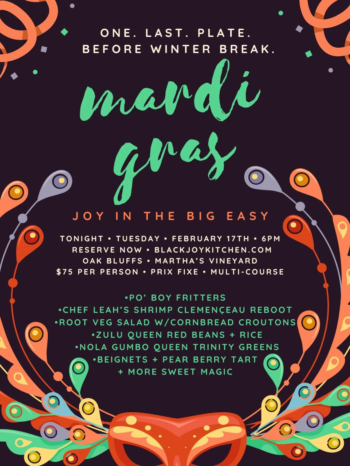 One. Last. Plate. Before Winter Break. 💜💛💚 
TONIGHT! Celebrate FAT TUESDAY with us at our Mardi Gras Feast &mdash; Joy in the Big Easy 🎭✨  A $75 multi-course NOLA-inspired dinner featuring po&rsquo; boy fritters, shrimp clemenceau, red beans + ri